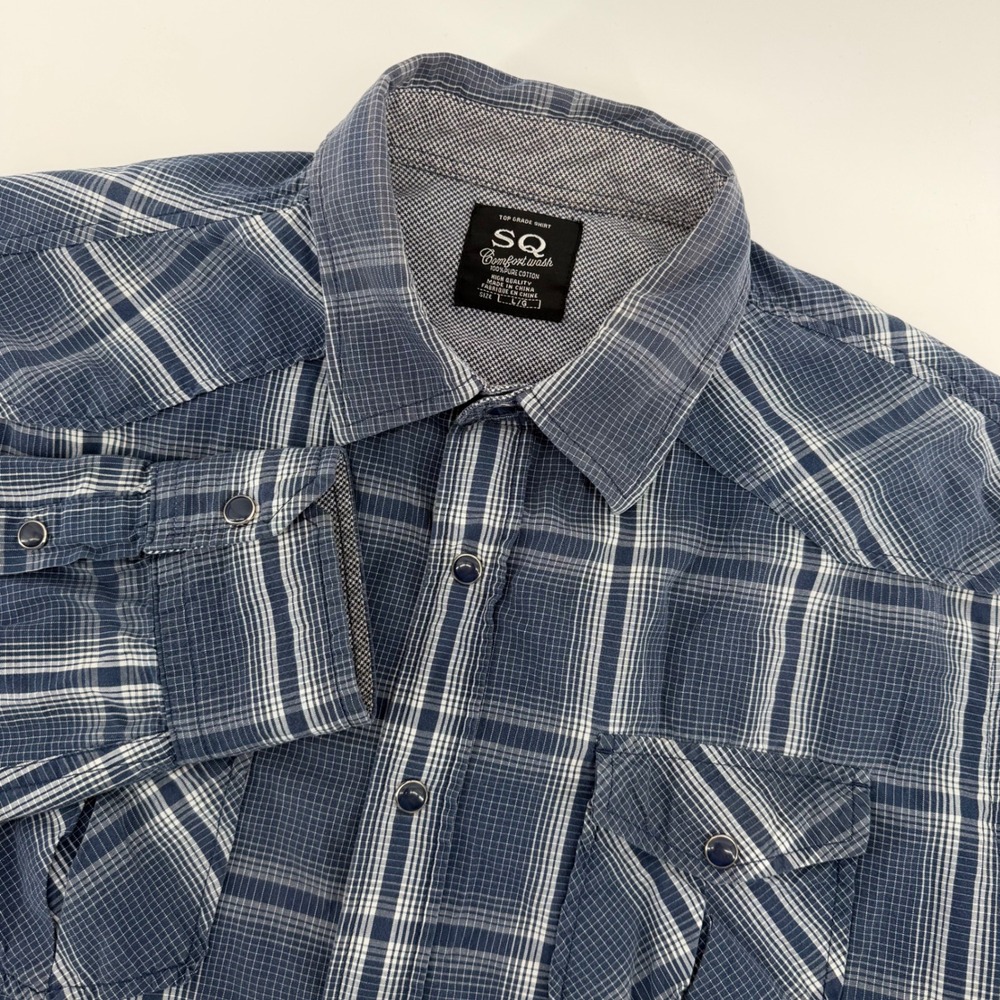 SQ Comfort Wash Button Down Shirt Mens Large Blue Plaid Long Sleeve Western
